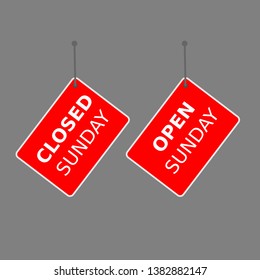 red sign "open sunday" and "closed sunday" tag on white background.
