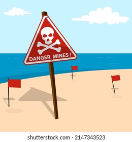 Red Sign Plate With Skull And Crossbones Hangs On Beach. Hazard Symbol, Minefield Designation. Vector Isolated On White