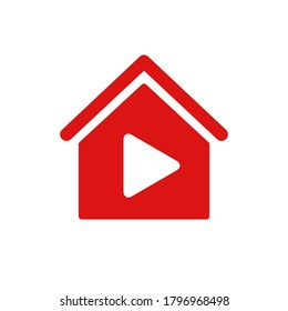 Red sign for popular video player hosting with house symbol. Watching videos at home. Distancing measures to prevent virus spread - stay at home - vector