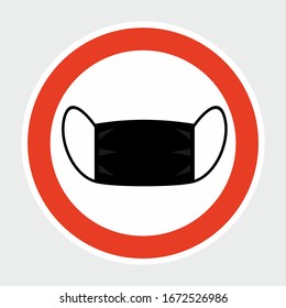 Red Sign, Poster Of Medical Mask Coronavirus Infection. Vector Illustration Simple, Flat, Black Icon.  Doctor, Surgical, Safety Breathing Elements. Virus, Dust Or Air Pollution Face Mask Protection.