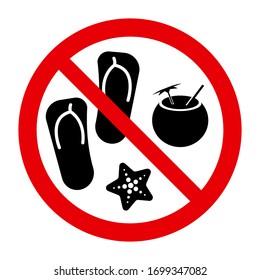 Red sign prohibiting cocktail sandals and starfish, symbol of the prohibition of tourism and travel, vector