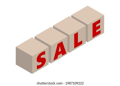 Red sign Sale on brown regular boxex, simple isometric vector illustration