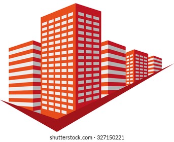 Red sign with skyscrapers block. Vector illustration
