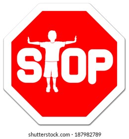 red sign stop with boy as letter T