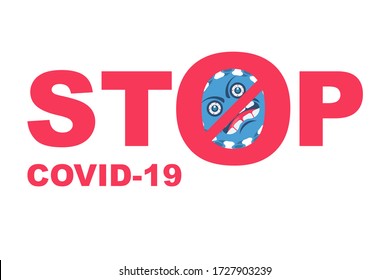 Das Konzept des Coronavirus auf roten Schildern. Wütende Zeichentrickzellen. Vector Illustrationsflachdesign. Charaktermikrobe 2019-ncov. Symbol für die Beendigung der Krankheit. Ausbruch einer Koronavirus-Pandemie. 