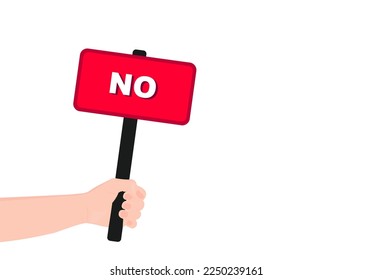 Red sign with the word no. The human hand is holding a tablet. The answer is no to the survey. Expression of a negative opinion. Choice by vote. Vector illustration.
