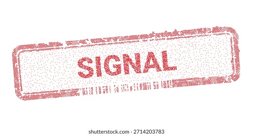 Sello digital de señal roja compuesto de puntos en blanco. Concepto tecnológico para la transmisión de datos y la verificación de la comunicación electrónica. Ilustración vectorial punteada para diseño de seguridad e información.