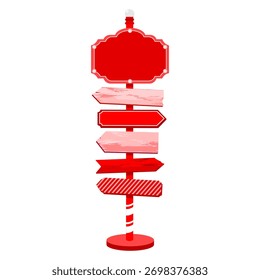 Una señal roja con flechas y bombillas. Una señal de tráfico vacía con flechas de varias Formas. Un puntero con una textura desgastada en un pilar. Clipart de Vector ilustrado. Dibuja a mano sin ayuda.