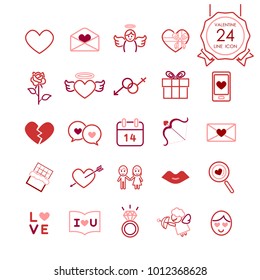 Red signs and symbols line icons set of heart and romantic elements for valentines day, Vector illustration.