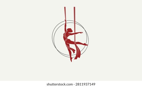 Red silhouette of an aerial silk acrobat performing a graceful pose within a circular frame on a light background.