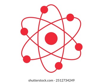 Red silhouette of an atom with orbiting electrons isolated on a white background. Concept of science, physics, atomic structure, minimalism. Icon, symbol, design element.