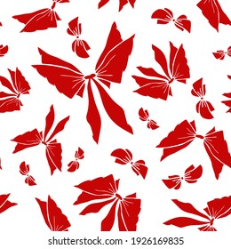 Red silhouette bowknots seamless pattern. Pretty flat bows abstract endless texture for fabric, textile, cosmetics, package, stationery, wrapping paper, background. Cheerful festive doodle design.
