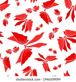 Red silhouette bowknots seamless pattern. Pretty flat bows abstract endless texture for fabric, textile, cosmetics, package, stationery, wrapping paper, background. Cheerful festive doodle design.