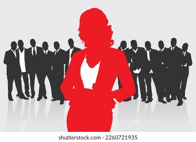 Red silhouette of businesswoman with black business group of people on background