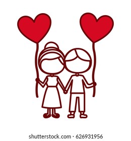 red silhouette of caricature faceless couple of boy and girl with balloon in shape of heart vector illustration