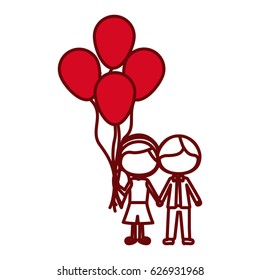 red silhouette of caricature faceless couple of boy short hair and girl with side hairstyle with many balloons vector illustration
