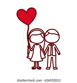 red silhouette of caricature faceless couple and him in formal suit and her in dress with balloon in shape of heart vector illustration