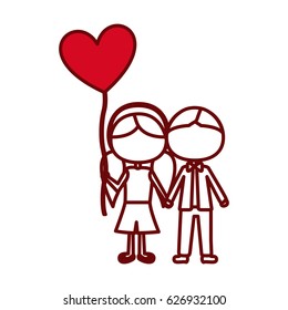 red silhouette of caricature faceless couple of boy short hair and girl with pigtails hair with balloon in shape of heart vector illustration