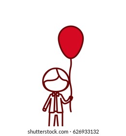 red silhouette of caricature of faceless kid with bow tie and balloon