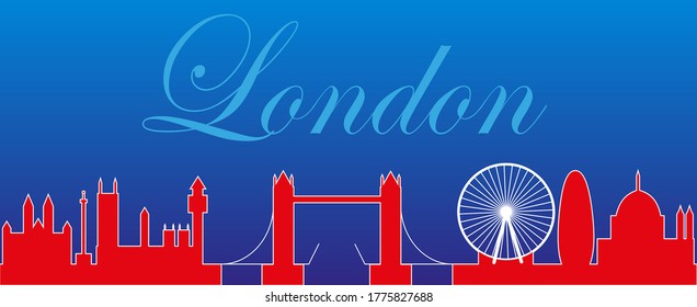 Red silhouette of the city of London on a blue background. Cityscape with famous buildings. Composition for design