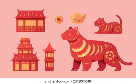 Red silhouette collection for 2022 Chinese new year, including tigers, temples and ancient money. Festival elements isolated on pink background.