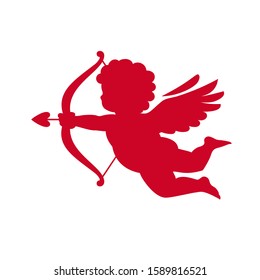 Red silhouette of Cupid aiming a bow and arrow. Valentine's Day love symbol.Vector illustration isolated isolated on white background.