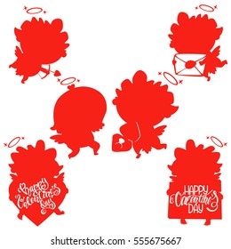 Red silhouette of a cupid or angel and the text "Happy Valentine's Day." The symbol of the day of lovers. Vector set isolated on white background.