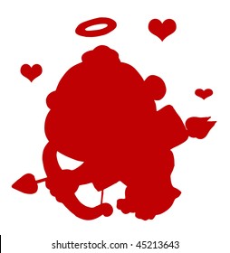 Red Silhouette Of Cupid With Red Hearts