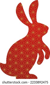 Red silhouette of cute bunny. Rabbit icon. Zodiac animals with traditional Chinese pattern. Happy Chinese New Year. Spring Festival and Easter holiday decoration. Paper cut flat vector illustration.
