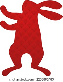 Red silhouette of cute bunny. Rabbit icon. Zodiac animals with traditional Chinese pattern. Happy Chinese New Year. Spring Festival and Easter holiday decoration. Paper cut flat vector illustration.