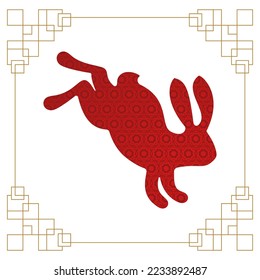 Red silhouette of cute bunny. Rabbit icon. Zodiac animals with traditional Chinese pattern. Happy Chinese New Year. Spring Festival and Easter holiday decoration. Paper cut flat vector illustration.