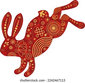 Red silhouette of cute bunny. Rabbit icon. Zodiac animals with traditional Chinese pattern. Happy Chinese New Year. Spring Festival and Easter holiday decoration. Paper cut flat vector illustration.
