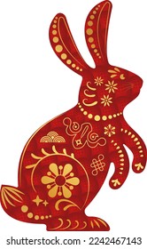 Red silhouette of cute bunny. Rabbit icon. Zodiac animals with traditional Chinese pattern. Happy Chinese New Year. Spring Festival and Easter holiday decoration. Paper cut flat vector illustration.