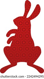 Red silhouette of cute bunny. Rabbit icon. Zodiac animals with traditional Chinese pattern. Happy Chinese New Year. Spring Festival and Easter holiday decoration. Paper cut flat vector illustration.