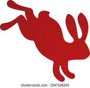 Red silhouette of cute bunny. Rabbit icon. Zodiac animals with traditional Chinese pattern. Happy Chinese New Year. Spring Festival and Easter holiday decoration. Paper cut flat vector illustration.