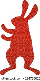 Red silhouette of cute bunny. Rabbit icon. Zodiac animals with traditional Chinese pattern. Happy Chinese New Year. Spring Festival and Easter holiday decoration. Paper cut flat vector illustration.