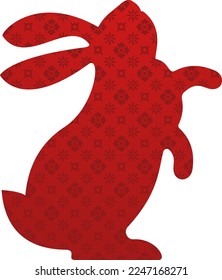 Red silhouette of cute bunny. Rabbit icon. Zodiac animals with traditional Chinese pattern. Happy Chinese New Year. Spring Festival and Easter holiday decoration. Paper cut flat vector illustration.