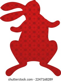 Red silhouette of cute bunny. Rabbit icon. Zodiac animals with traditional Chinese pattern. Happy Chinese New Year. Spring Festival and Easter holiday decoration. Paper cut flat vector illustration.