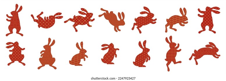 Red silhouette of cute bunny. Rabbit icon. Zodiac animals with traditional Chinese pattern. Happy Chinese New Year. Spring Festival and Easter holiday decoration. Paper cut flat vector illustration.