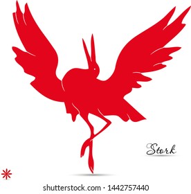 Red silhouette of a dancing stork, on a white background, vector