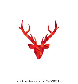 Red Silhouette Of Deer Head With Antlers  In Simple Faceted Design Style. Vector Flat Icon Isolated On White Background. Geometry Style. Christmas Holiday Logo