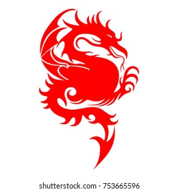 Red silhouette of a fighting dragon, sharp tail, on a white background, vector