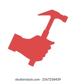 Red silhouette of a hand with a hammer. Vector simple color flat illustration.