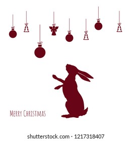 Red silhouette of hare with christmas balls on white background. Xmas card. New year postcard. Vector illustration