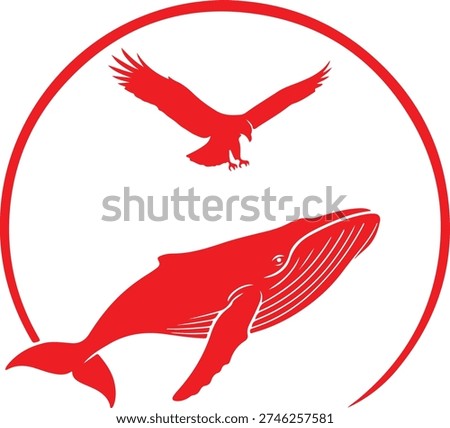 Red silhouette of a humpback whale and a soaring eagle inside a circular frame on a white background.