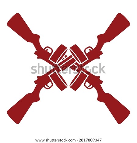 Red silhouette icon of two crossed rifles with bullets in the center. A separate gun graphic below. Military symbols, arms, and weaponry on white background.