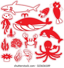 Red silhouette icons life under the sea on. In vector style.