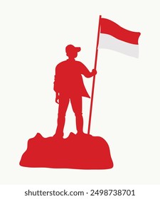 A red silhouette illustration of a man holding the Indonesian flag, symbolizing the celebration of Indonesia's Independence Day.