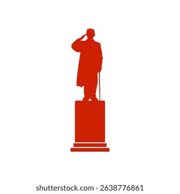 Red silhouette of an indonesian national hero giving a military salute while standing on a pedestal, celebrating indonesian independence day
