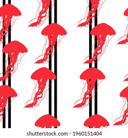 Red silhouette of jellyfish on vertical stripes seamless pattern, bright silhouettes of underwater animals on a white background vector illustration